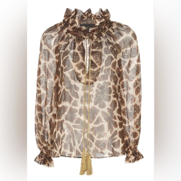 DUNDAS SILK $1690 GIRAFFE ANIMAL PRINT METALLIC TASSEL BLOUSE TOP NEW TAGS ITALY - Picture 4 of 10